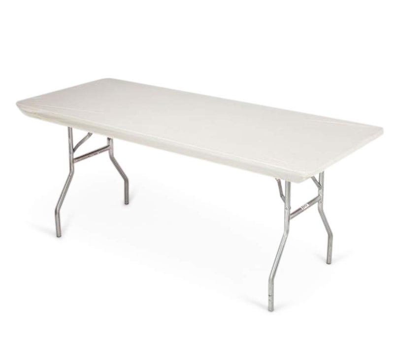 Kwik-Covers 6' Rectangle Plastic Table Covers 30" x 72", Bundle of 5 (Ivory) - Image 1